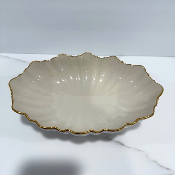 VTG MCM Lenox Scalloped Edge Centerpiece Bowl Ivory 24K Gold Trim Trinket Dish - Picture 2 of 10